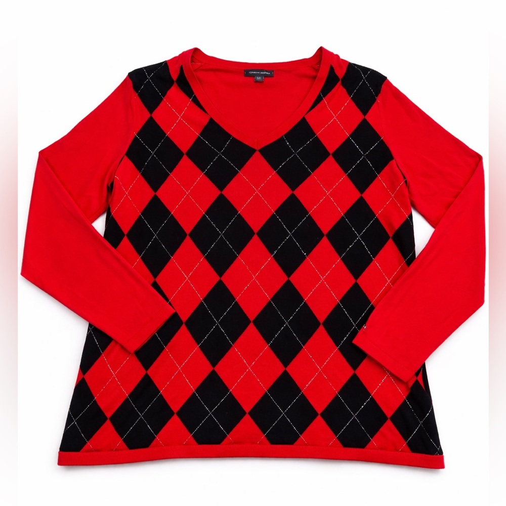 Tommy Hilfiger Red & Black Argyle V-Neck Sweater L